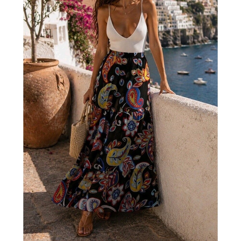 CSC Studio Paisley Maxi Skirt M Boho Resort Tiered Sheer Festival